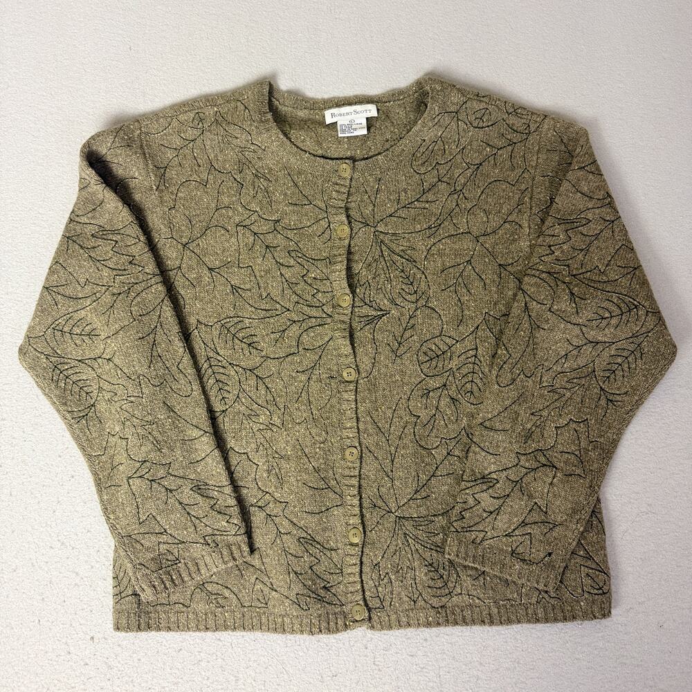 Vintage Robert Scott Women’s L 100% Wool Floral Cardigan Olive Green